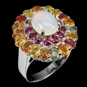Srebrny 925 pierścionek rubiny opal szafiry r 18.5