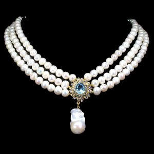 Naszyjnik perły tanzanity sky blue topaz białe 925