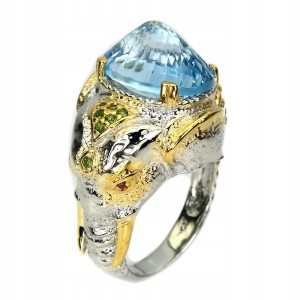 Pierścionek 925 sky blue topaz r 18 granaty słoń
